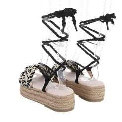 Ital-Design Plateausandaletten Hakenschnürung, Flach, Geflochten - Schwarz -CELENA-Shop 29127060 03