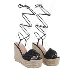 Ital-Design Plateausandaletten Hakenschnürung, Keilabsatz/Wedge, Geflochten - Schwarz -CELENA-Shop 29129435 04