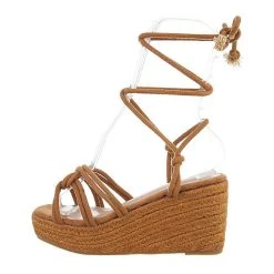 Ital-Design Plateausandaletten Hakenschnürung, Keilabsatz/Wedge, Geflochten - Camel