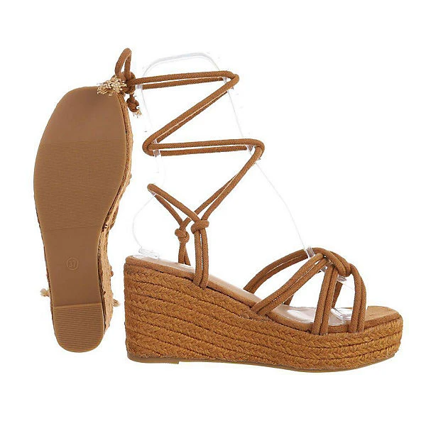 Ital-Design Plateausandaletten Hakenschnürung, Keilabsatz/Wedge, Geflochten - Camel 4 Ital-Design Plateausandaletten Hakenschnürung, Keilabsatz/Wedge, Geflochten - Camel – Bild 2