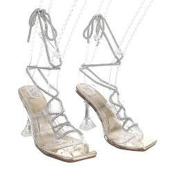 Ital-Design Sandalen & Sandaletten Hakenschnürung, Trichterabsatz, Strass, Kette, Transparentes Obermaterial, Transparenter Absatz -CELENA-Shop 29345841 04