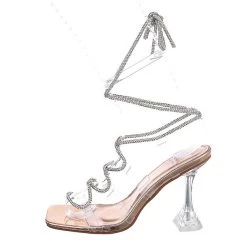 Ital-Design Sandalen & Sandaletten Hakenschnürung, Trichterabsatz, Strass, Kette, Transparentes Obermaterial, Transparenter Absatz