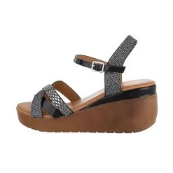 Ital-Design Plateausandaletten Knöchelriemen, Keilabsatz/Wedge, Metallisch, Riemen, Strass - Schwarz